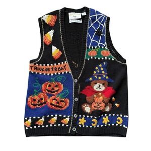 Vtg Marisa Christina Halloween Sweater Vest Pumpkins Bear Trick Or Treat Medium